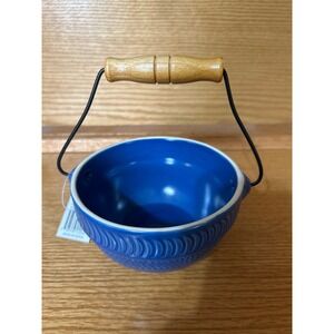 Blue Ceramic Bowl with Wood‎ Handle Decorative Kitchen Decor Bowl Accent